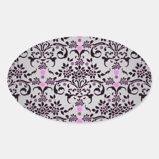 Fancy Black Silver Purple Floral Damask Pattern Oval Sticker (Front)