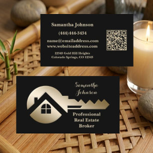 Fancy Black w/Gold Key QR Code Real Estate Business Card