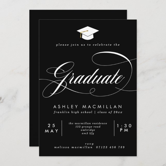 Fancy Black & White Graduation Party Invitation (Front/Back)