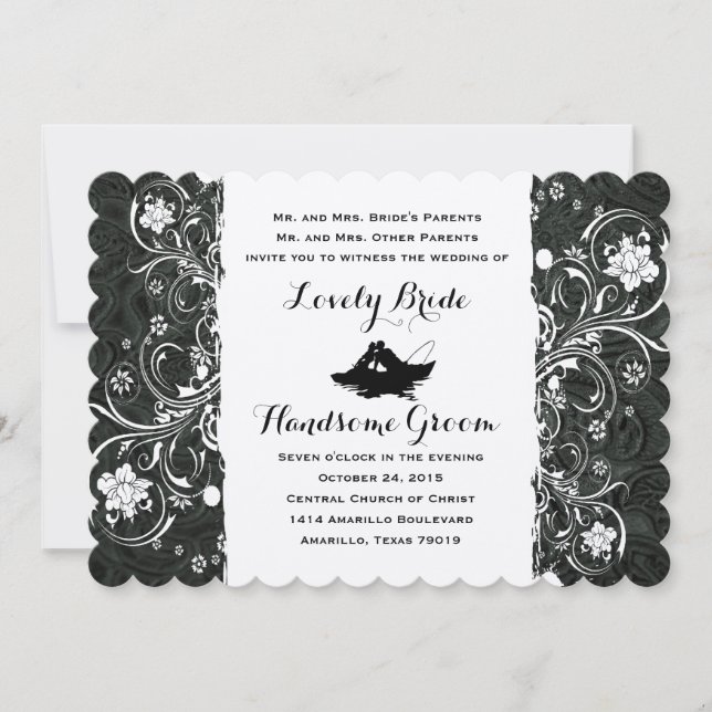 Fancy Black White Rustic Boat Wedding Invite (Front)