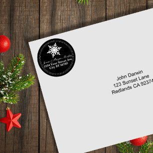 Fancy Black White Snowflake Christmas Address Classic Round Sticker