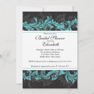 Fancy Blue Black Damask Bridal Shower Invitation