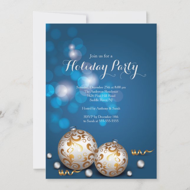 Fancy Blue Bokeh Lights Holiday Invitation (Front)