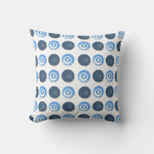 Fancy Blue Buttons Pattern on White Throw Pillow