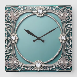 Fancy Blue Jeweled Look Square Wall Clock