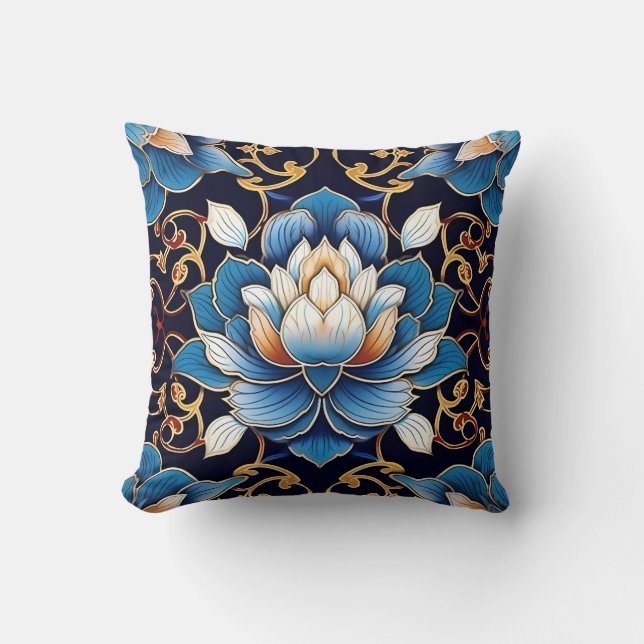 Fancy Blue Lotus Tile Pattern  Cushion (Front)