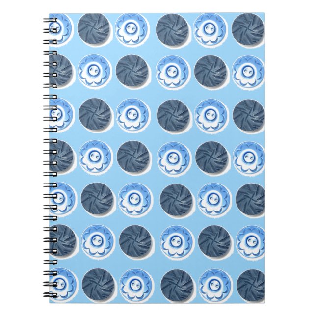 Fancy Blue Sewing Buttons on Light Blue Pattern Notebook (Front)