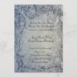 Fancy Blue Shabby Damask Vintage Wedding Invitation
