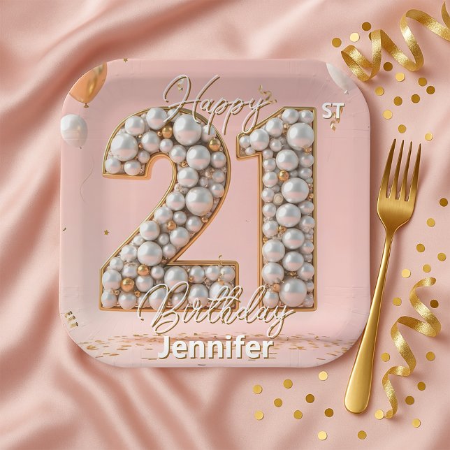 Fancy Blush Pink and Pearl Gold 21st Birthday  Paper Plate (Creator Uploaded)
