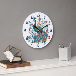 Fancy Boho Peacock Scandinavian Folk Art Large Clock