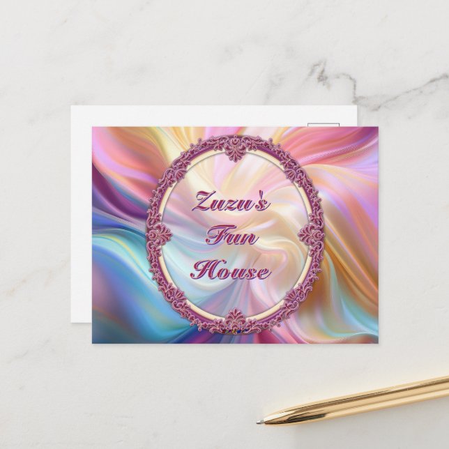 Fancy Border Colourful Pastel Silk Personalise Postcard (Front/Back In Situ)
