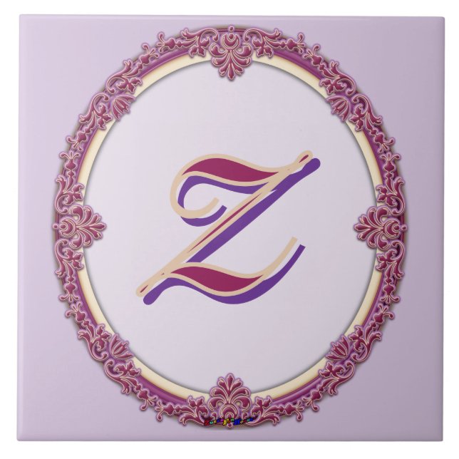 Fancy Border Purple/Pink And Cream Personalise Ceramic Tile (Front)