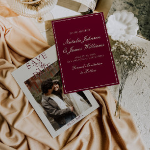 Fancy Burgundy Cream Old Money Photo Wedding Save The Date