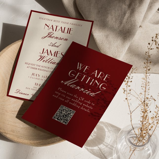 Fancy Burgundy Cream Old Money QR Code Wedding Invitation (Creator Uploaded)