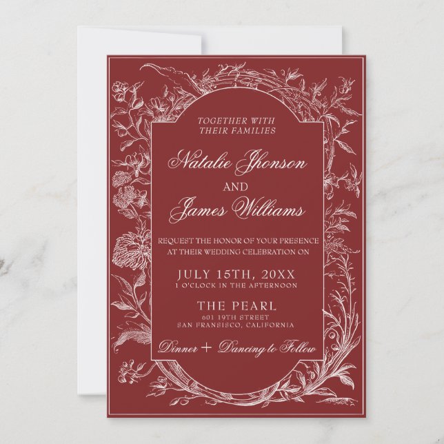 Fancy Burgundy Floral QR Code Photo Wedding Invitation (Front)