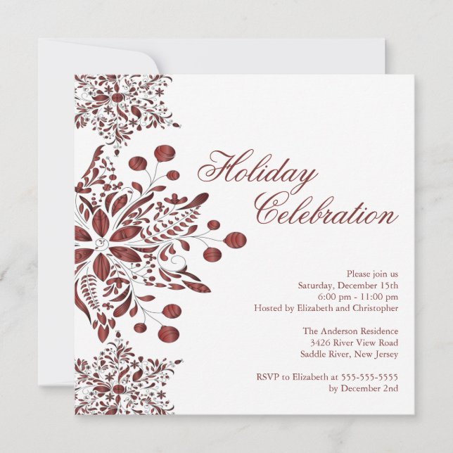 Fancy Burgundy Jewel Snowflakes Holiday Party Invitation (Front)