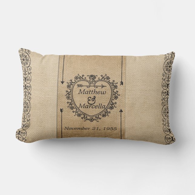 Fancy Burlap Anniversary Date Heart Personalised Lumbar Cushion (Front)