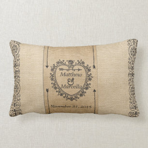 Fancy Burlap Wedding Date Heart Personalised Lumbar Cushion