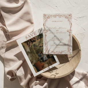 Fancy Burnt Orange Terracotta Boho Photo Wedding Save The Date