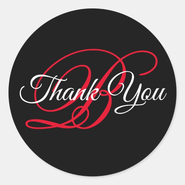 Fancy Calligraphy Red Monogram Thank You Classic Round Sticker (Front)