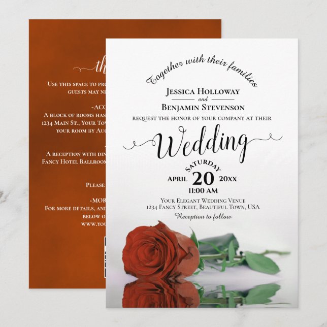 Fancy Calligraphy Rust Orange Rose QR Code Wedding Invitation (Front/Back)