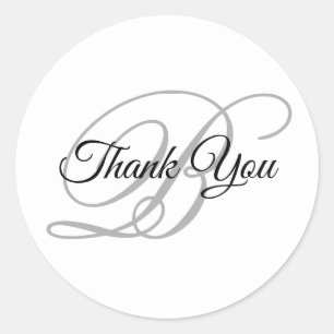 Fancy Calligraphy Script Grey Monogram Thank You Classic Round Sticker