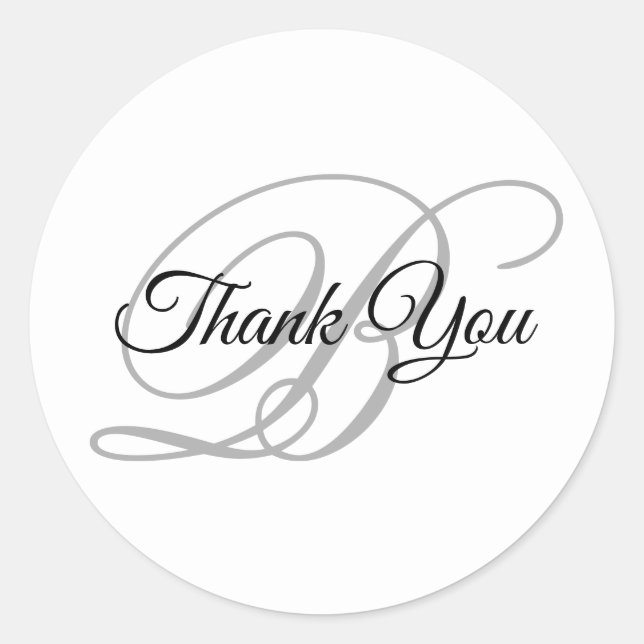 Fancy Calligraphy Script Grey Monogram Thank You Classic Round Sticker (Front)