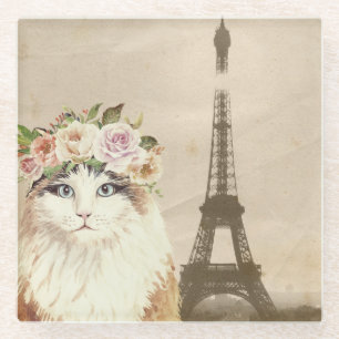 Fancy Cat & Eiffel Tower Glass Coaster