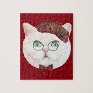 Fancy Cat Lovers Decor Top Hat Bow Tie Glasses Jigsaw Puzzle