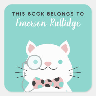 Fancy Cat Turquoise This Book Belongs To Square Sticker