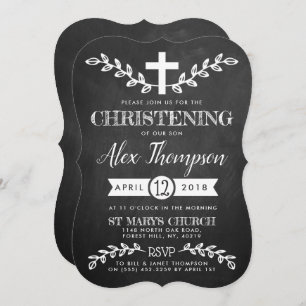 Fancy Chalkboard Cross & Foliage Christening Invitation