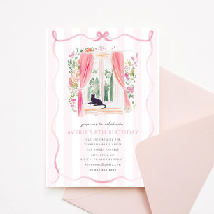 Fancy Chateau Pink Ribbon Coquette Cat Birthday Invitation