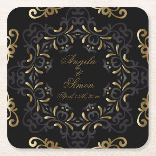 Fancy Chic Black And Gold Baroque Frame Wedding Square Paper Coaster