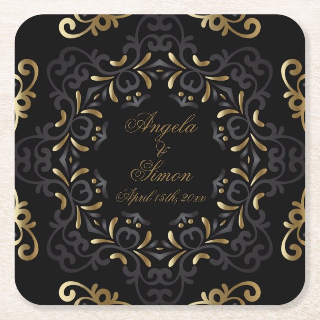 Fancy Chic Black And Gold Baroque Frame Wedding Square Paper Coaster (Front)