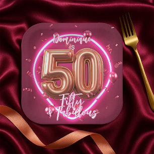 Fancy Chic Neon Glow Up Rose Gold 50th Birthday Paper Plate