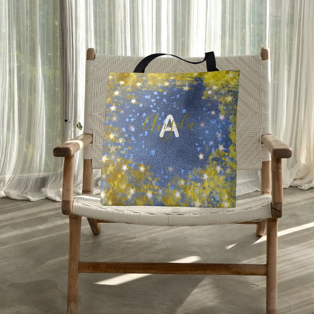 Fancy Chic Starry Glittery Blue And Gold Girly Tote Bag (Creator Uploaded)