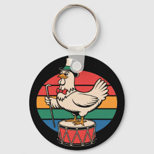 Fancy Chicken On Drum Retro Rainbow Marching Nd Key Ring
