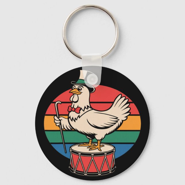 Fancy Chicken On Drum Retro Rainbow Marching Nd  Key Ring (Front)