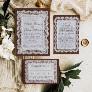 Fancy Chocolate Brown Lace Old Money Wedding  Invitation