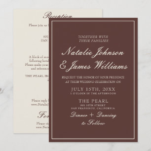 Fancy Chocolate Brown Old Money All In One Wedding Invitation