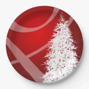 Fancy Christmas Tree Holiday Xmas Design Red White Paper Plate