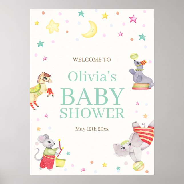 Fancy Circus Carnival Animals Baby Shower Welcome Poster (Front)