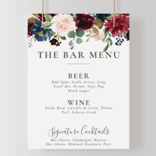 Fancy Classic Flowers Wedding Bar Menu  Poster