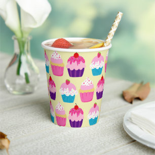Fancy, Colourful Cupcakes On Yellow Birthday Paper Cups