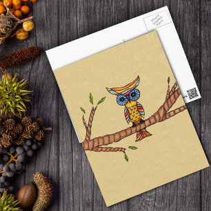 Fancy Colourful Owl Branch Postcard