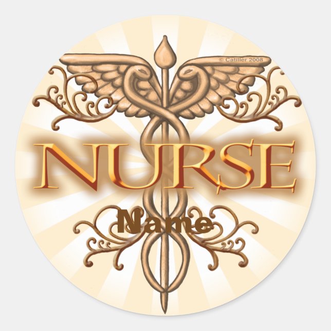 Fancy copper caduceus nurse  classic round sticker (Front)