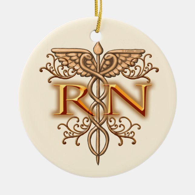 Fancy Copper Caduceus RN Nurse Ceramic Tree Decoration (Front)