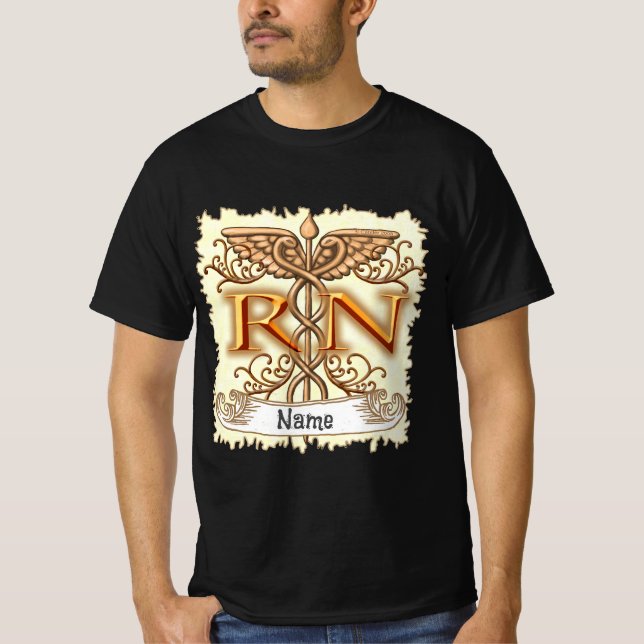 Fancy Copper Caduceus RN Nurse T-Shirt (Front)
