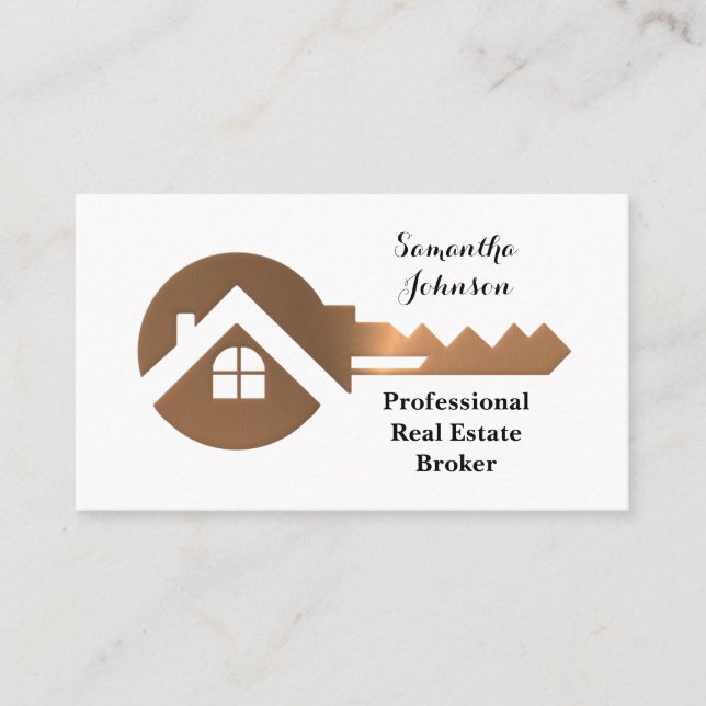 Fancy Copper Key Real Estate Broker Business Card (Front)