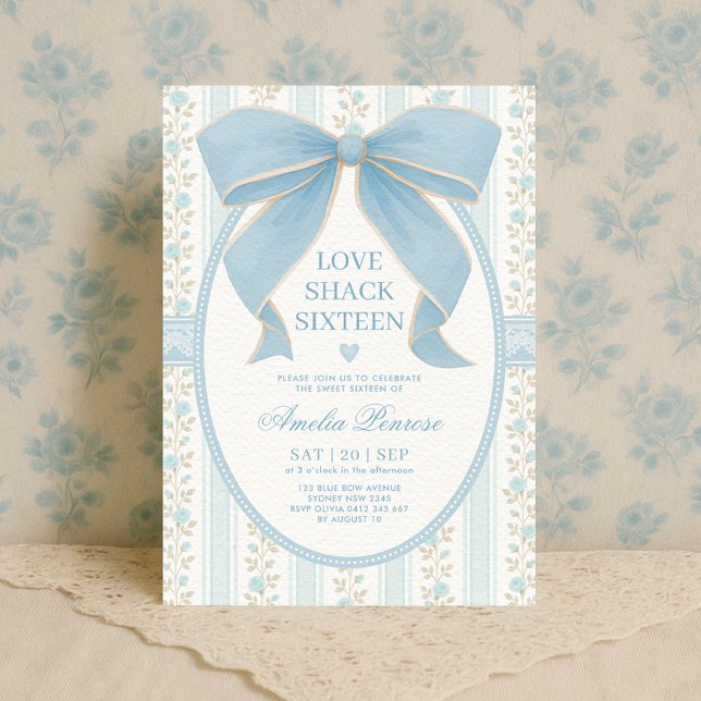 Fancy Coquette Sweet 16 Blue Bow Birthday Invitation (Creator Uploaded)